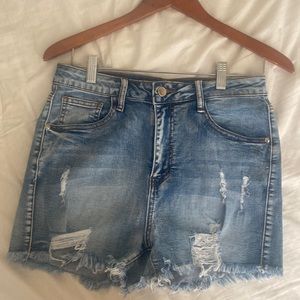 Blue denim shorts, stretch high waist fit. Size L, USA 30. Never worn.